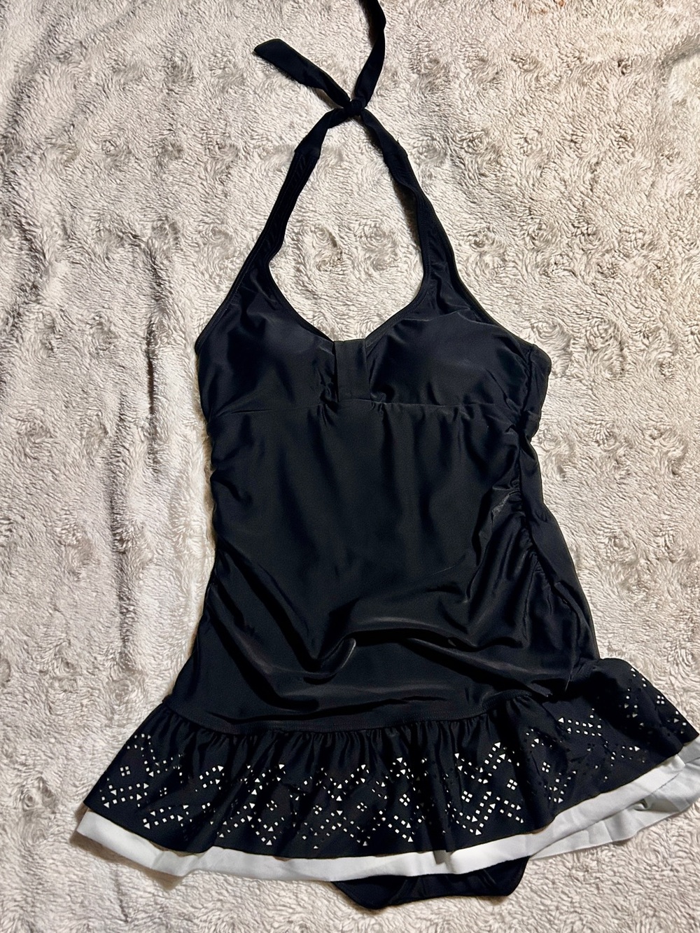 Women’s Black Halter Swimdress with Eyelet Ruffle